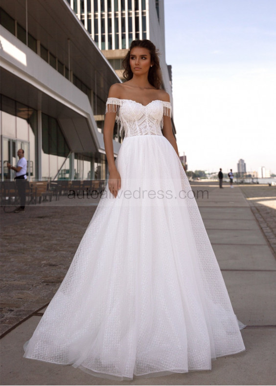 Off Shoulder Ivory Lace Glitter Tulle Wedding Dress